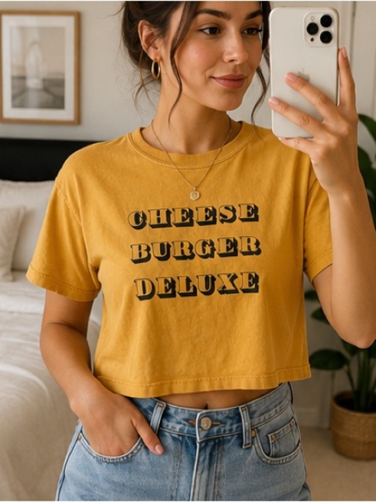 American Eagle Outfitters Tops - 🍔 American Eagle “Cheese Burger Deluxe” Graphic Crop Tee — Size Medium